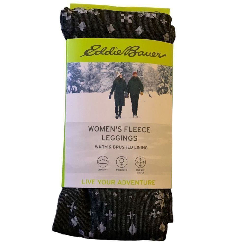Eddie Bauer Women’s Fleece Base Layer Leggings Black Gray Snowflake Print